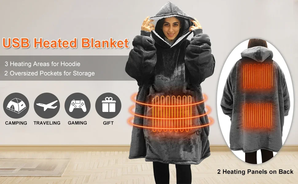 Electric Wearable Hooded Blanket, USB, flannel & sherpa - detail 2