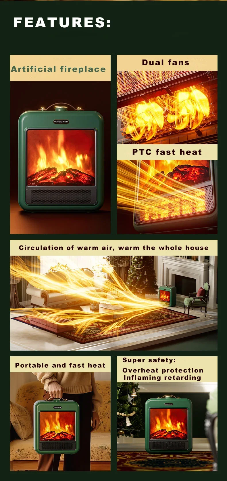 Electric Fireplace, Portable, 3D, 1700W - detail 12
