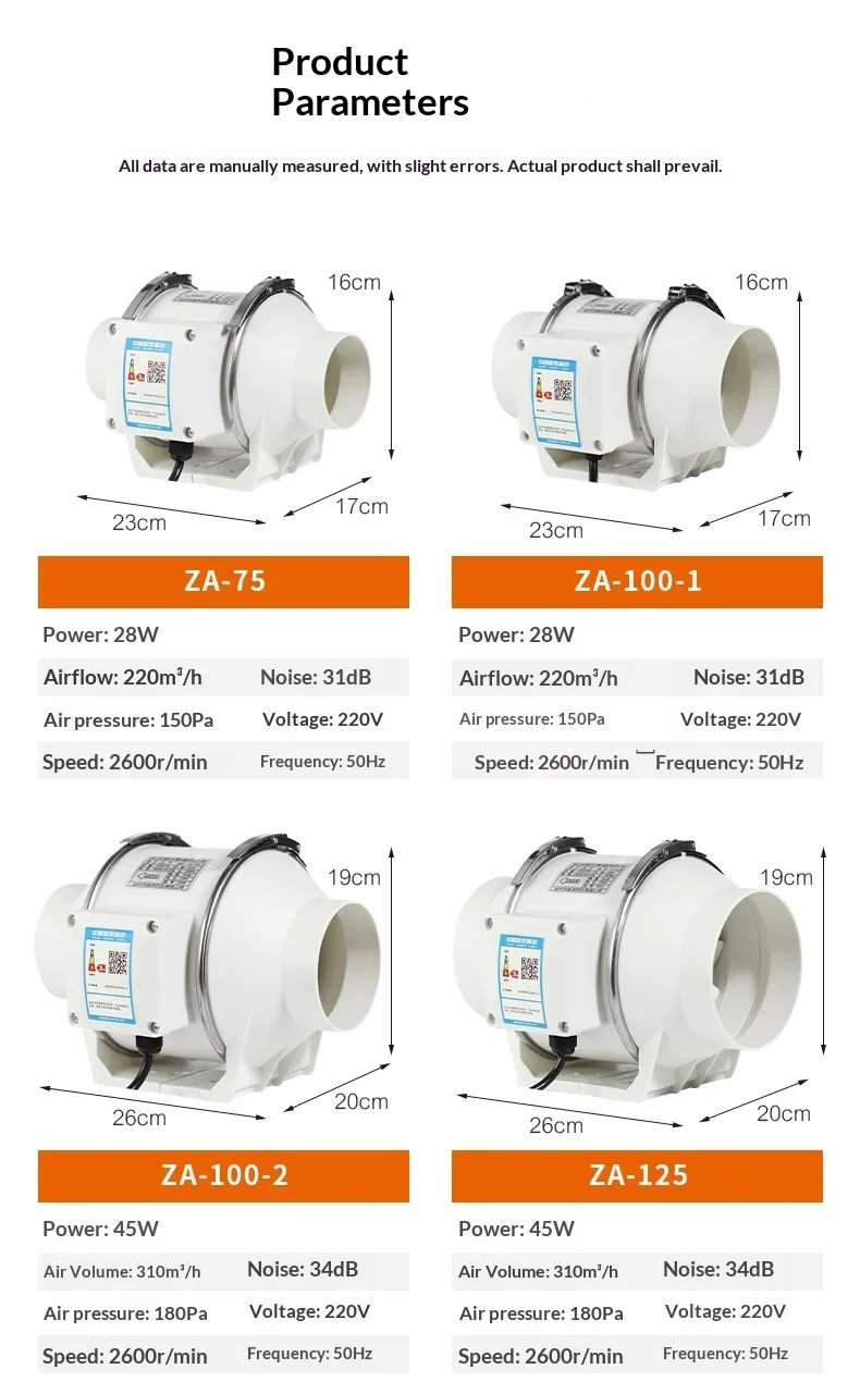 Oblique-flow Pressurized Duct Fan, 100mm, 45W, 310m3/h, 180Pa - detail 10