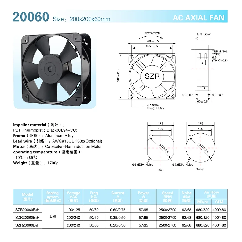 Ball Bearing, 110/220v, Axial, 200*200*60mm, Plastic - detail 18