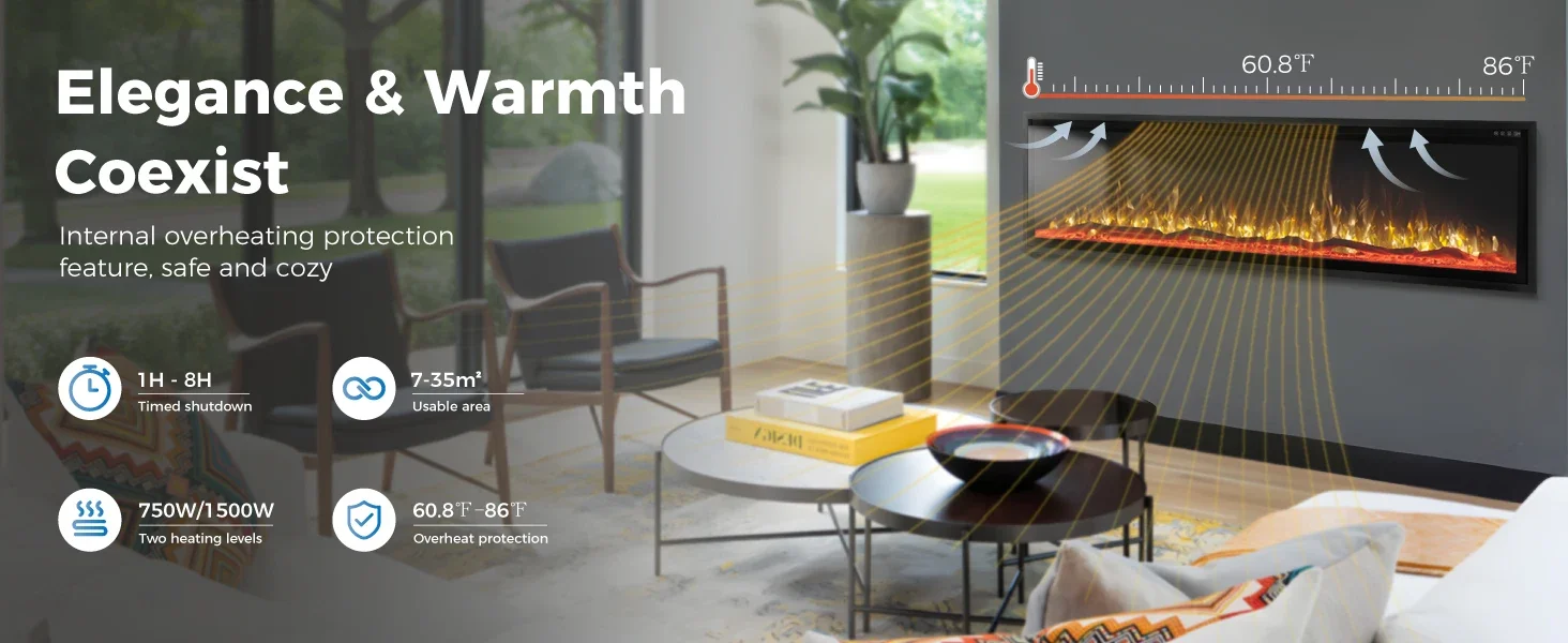 Electric Fireplace, Wall, 750W, Metal - detail 6