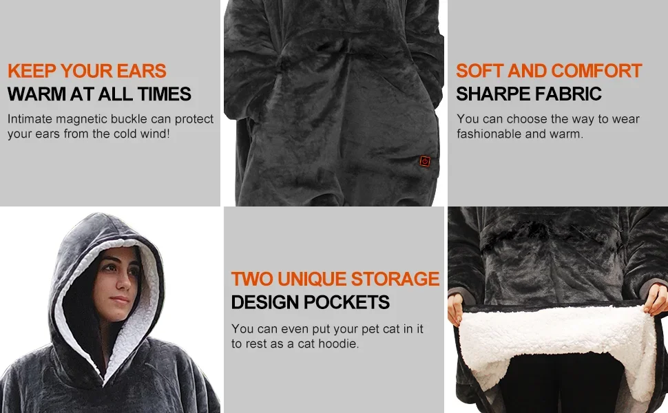 Electric Wearable Hooded Blanket, USB, flannel & sherpa - detail 20