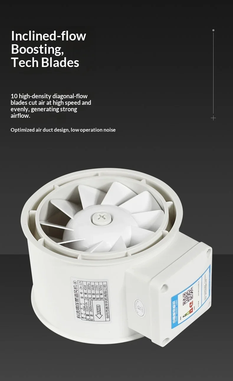 Oblique-flow Pressurized Duct Fan, 100mm, 45W, 310m3/h, 180Pa - detail 6