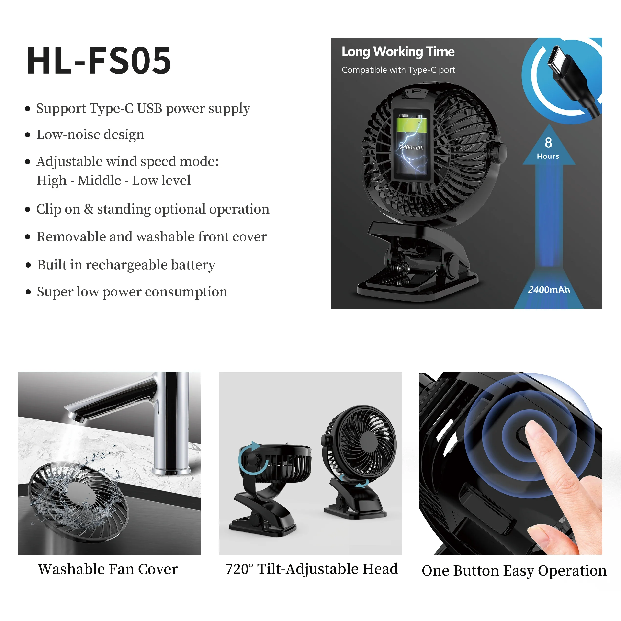 Wind Speeds Fan, 2-in-1, Portable, USB, 720° - detail 14