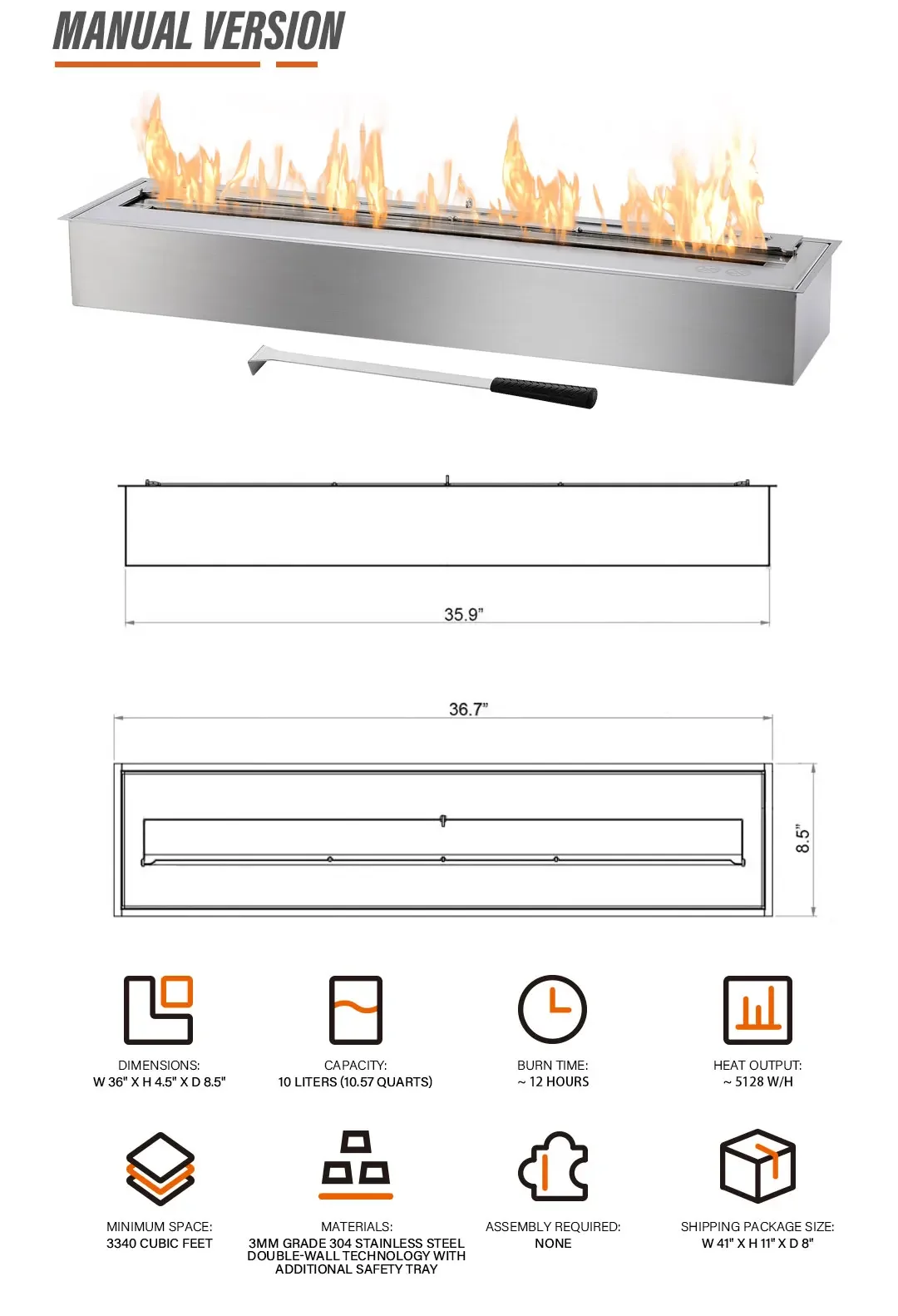 Steel Metal Ethanol Fireplace, Stainless Steel - detail 4