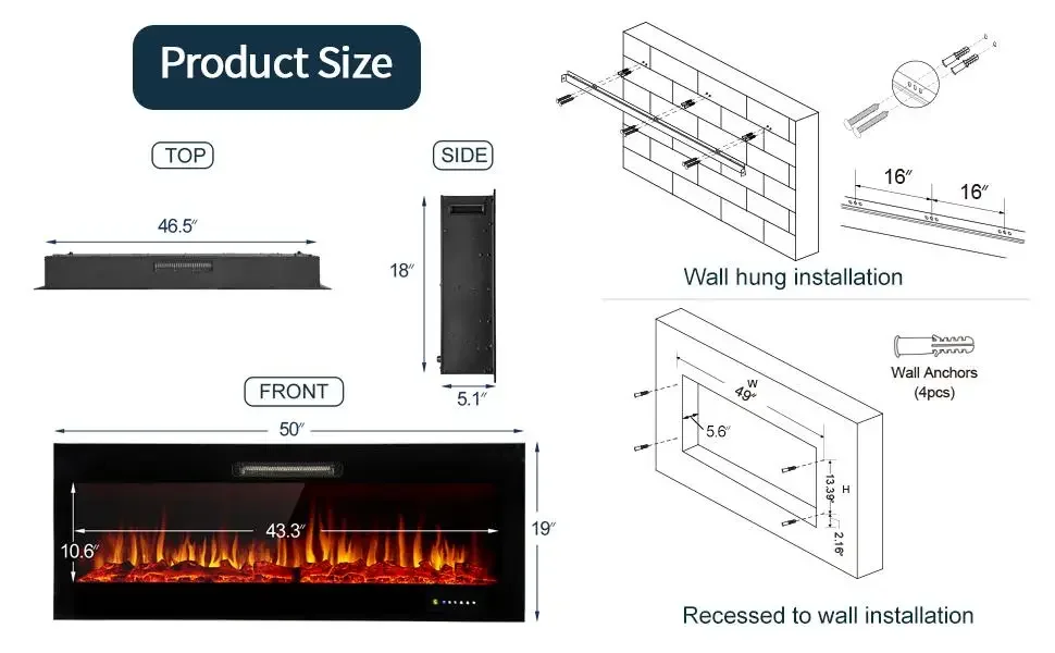 Electric Fireplace, Wall, 750~1500W, Steel+Glass - detail 20