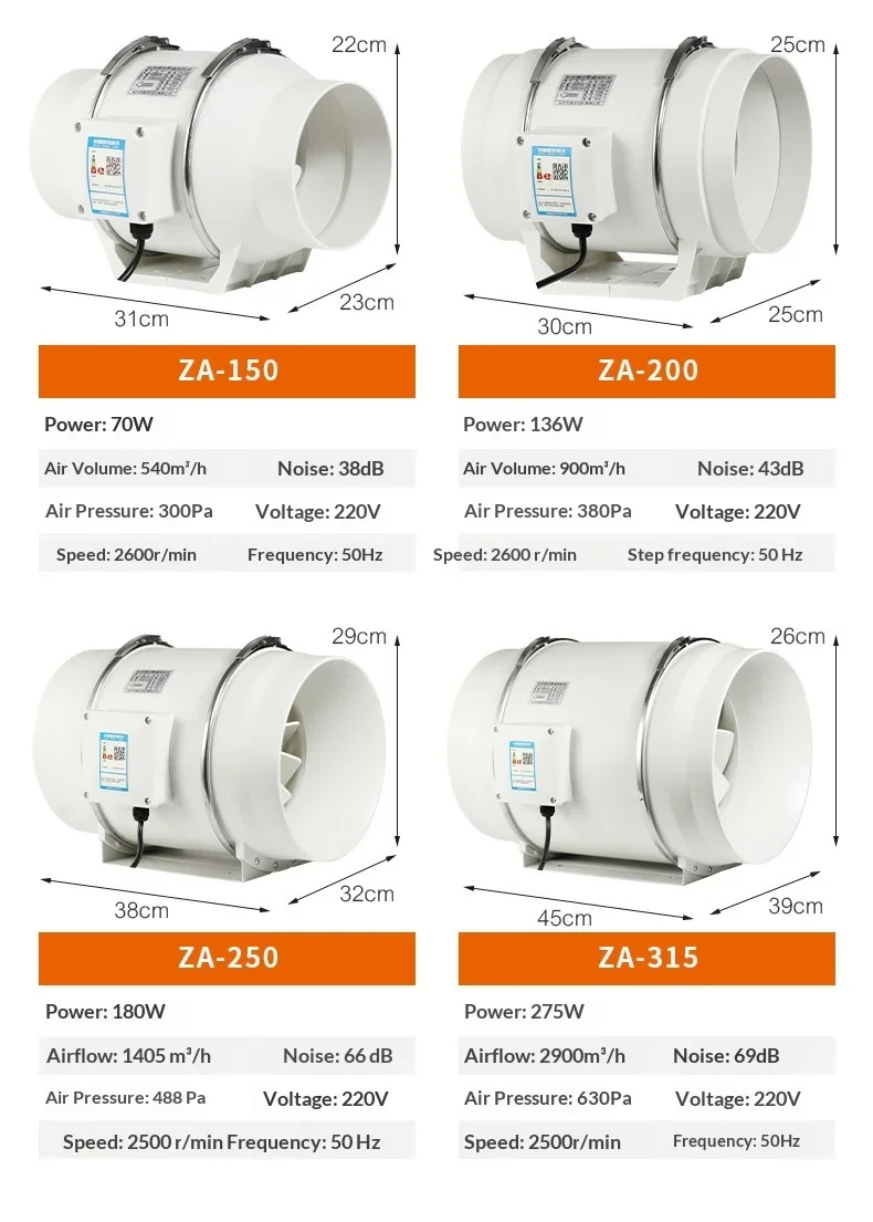 Oblique-flow Pressurized Duct Fan, 100mm, 45W, 310m3/h, 180Pa - detail 12
