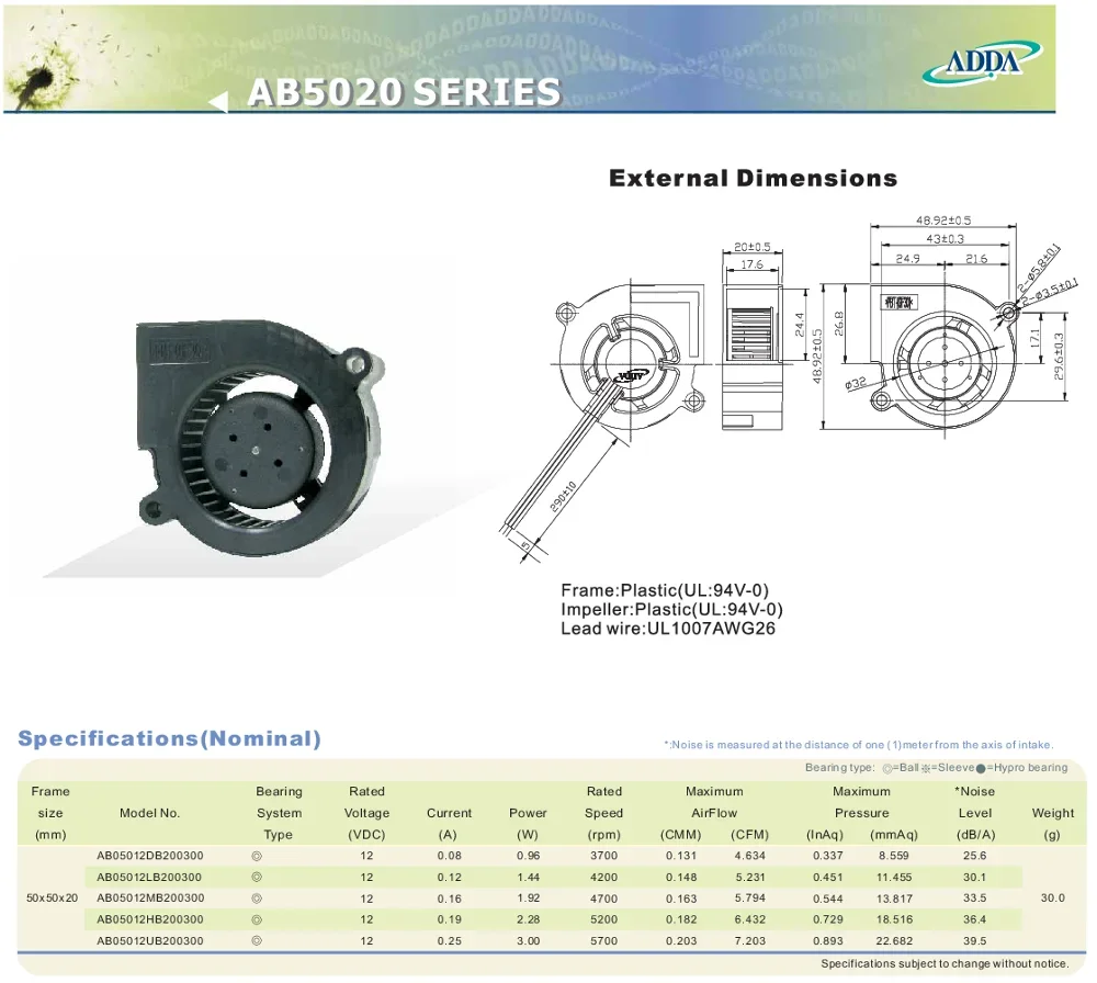 Centrifugal Blower, ADDA, AB05012DB200300, 50*50*20mm, 12V - detail 2