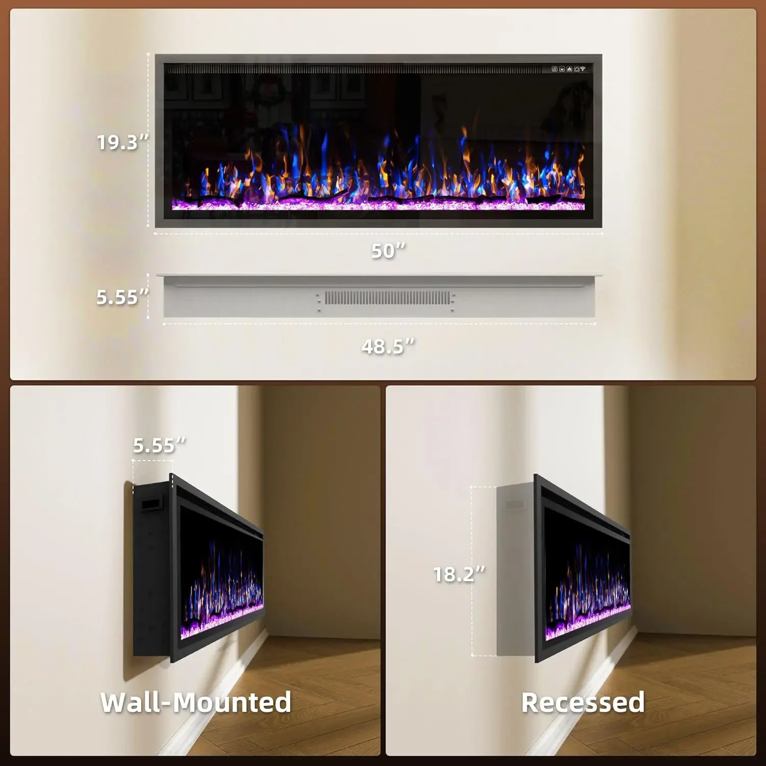 Electric Fireplace, Wall, 750W, Metal - detail 16