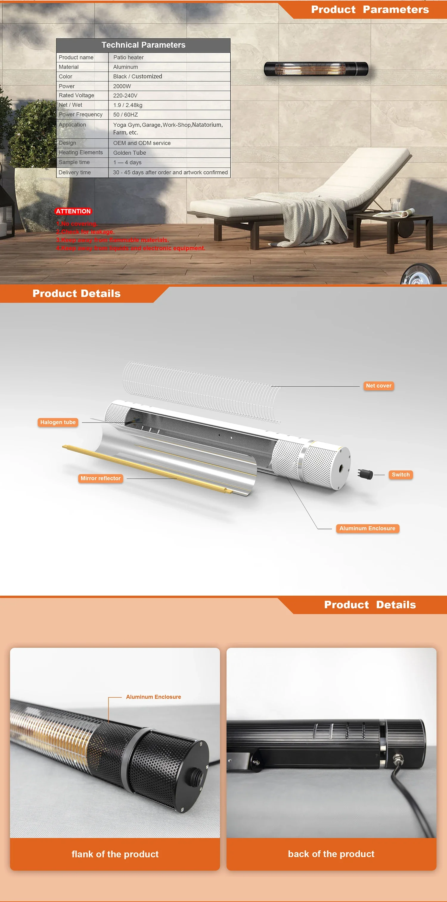 Infrared Patio Outdoor Heater, 2000W, Wall - detail 4