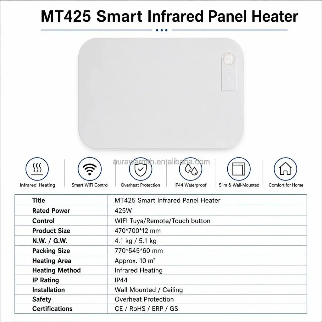 Electric Heater, Wall, 425w, Metal - detail 2