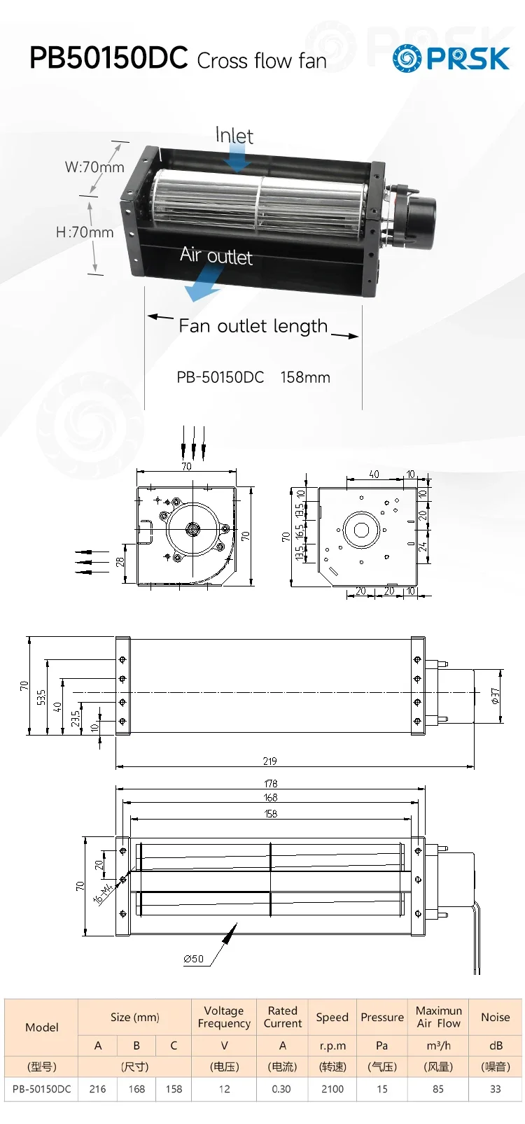 Cross Flow Fan, PRSK, 12V, 24V, 50mm - detail 4