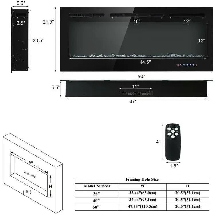 Electric Fireplace, Wall, 1500 W, Metal - detail 4