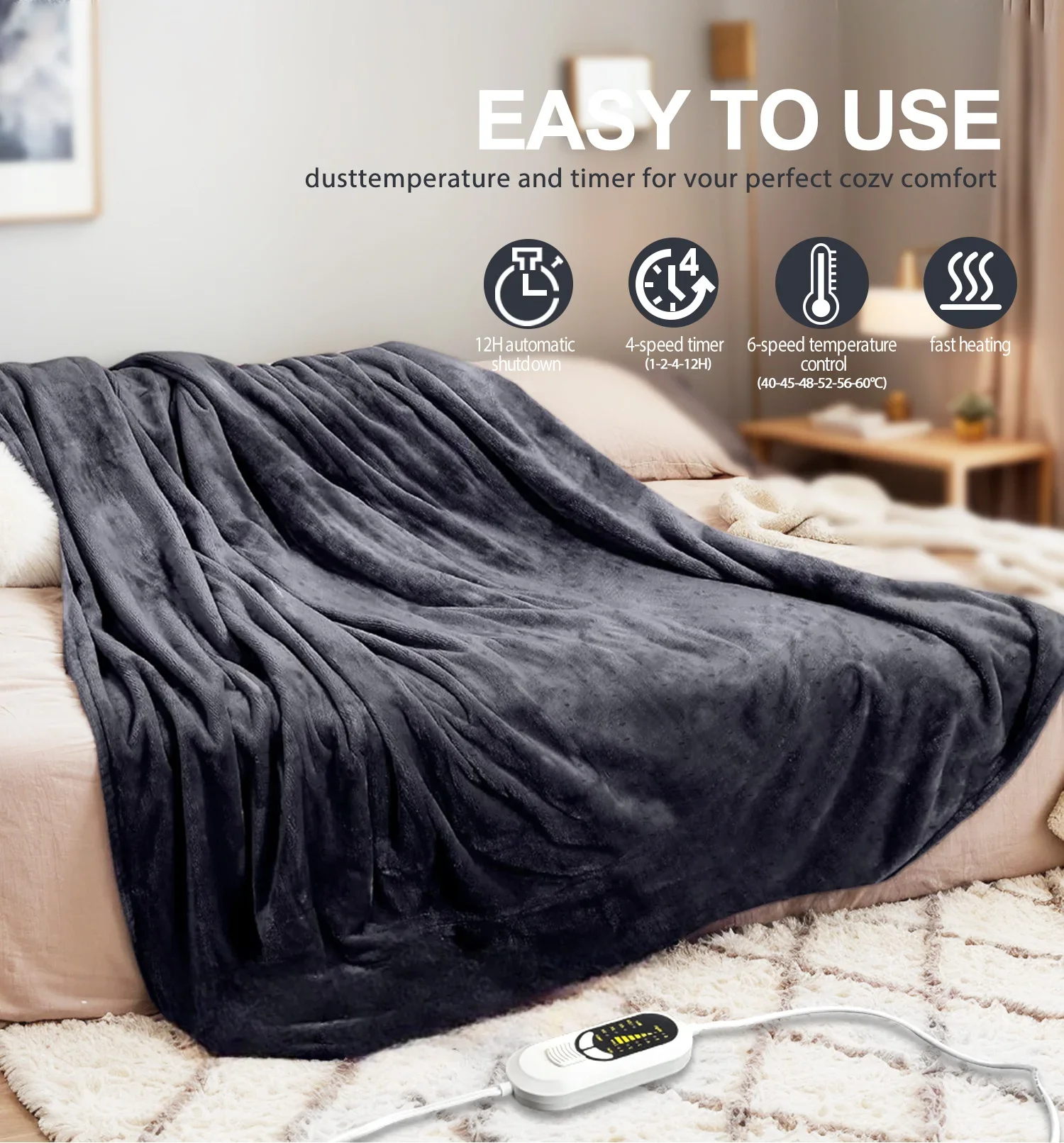 Electric Heated Throw Blanket, 110 W(0.15hp), Flannel Fleece - detail 10
