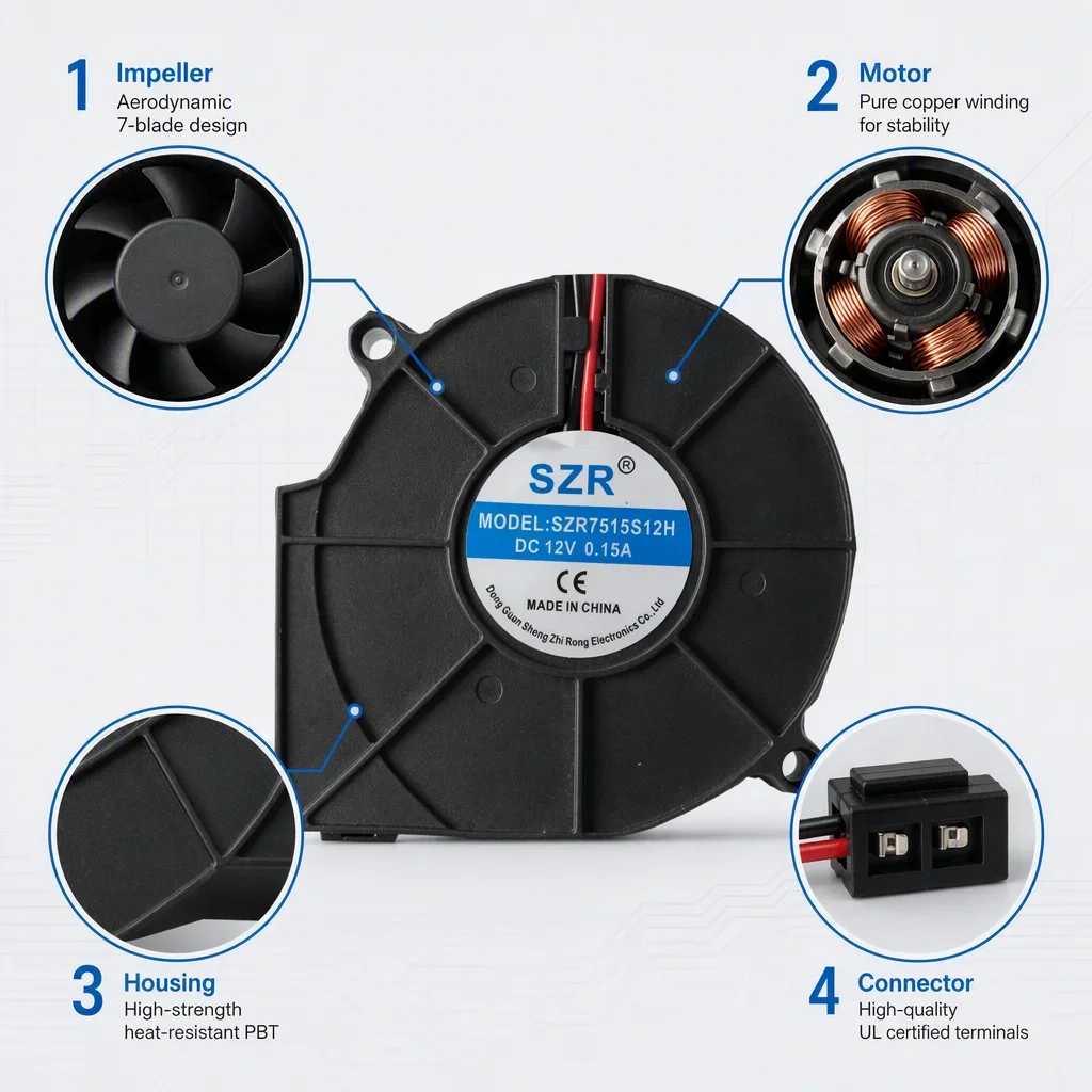 Centrifugal Blower, SZR7515, 5/12/24V, Brushless, 75x75x15mm - detail 10