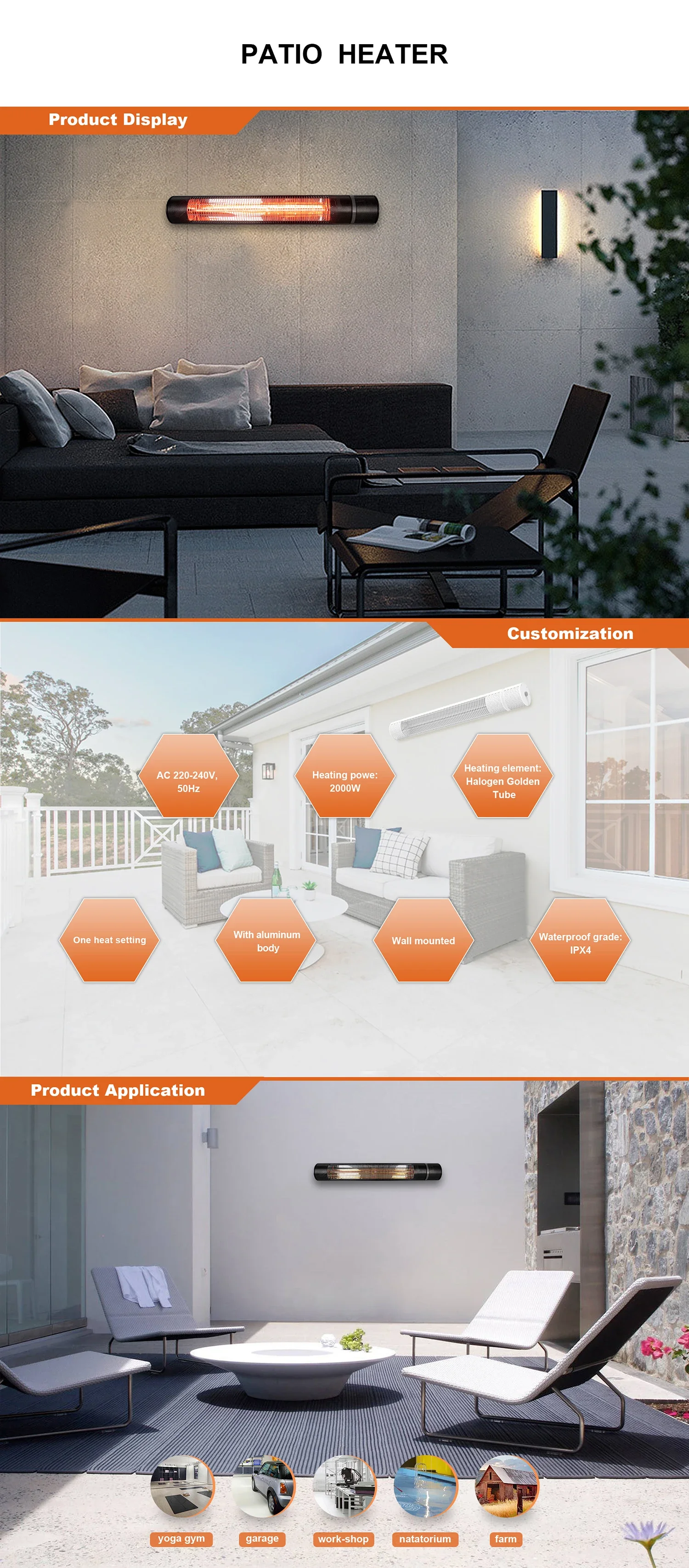 Infrared Patio Outdoor Heater, 2000W, Wall - detail 2