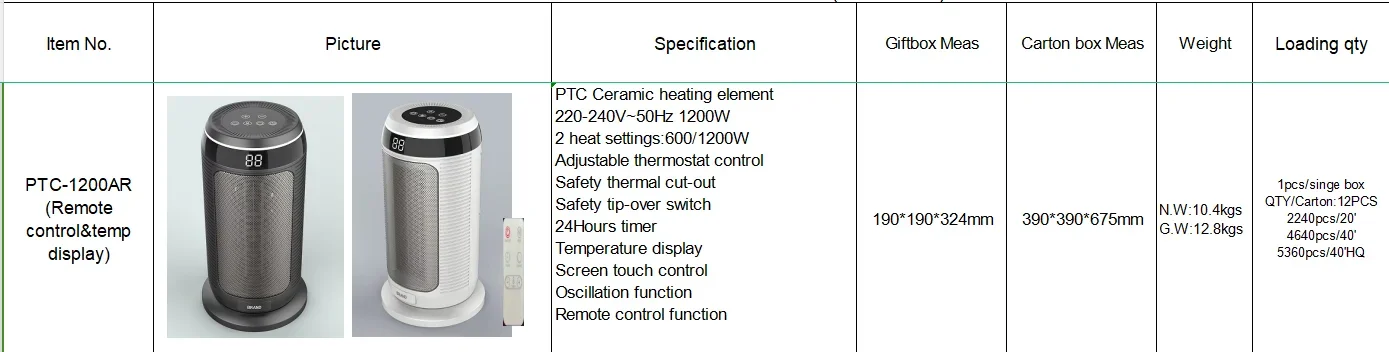 Portable Electric Heater, 24H, 1200W, PTC - detail 2