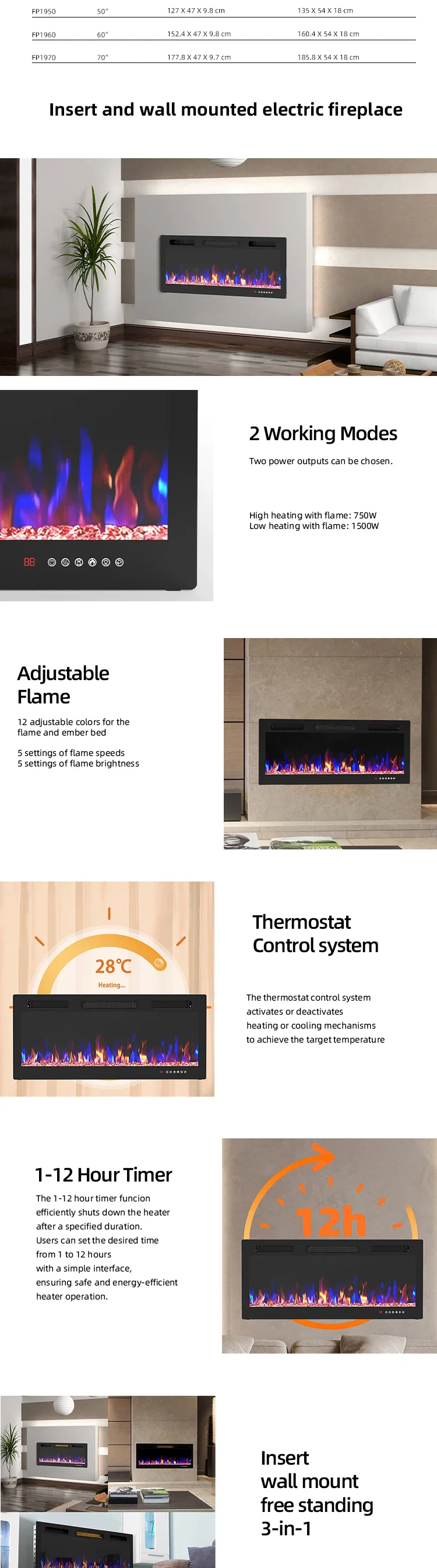 Recessed Electric Space Fireplace, Wall, 750, Plastic - detail 6