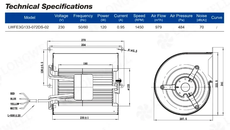 Temperature Blowing Fan, LONGWELL, 133mm, Centrifugal - detail 10