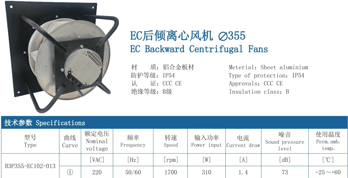 Centrifugal Fan, B3P355-EC102-013, 220V, 50/60HZ, 310W - detail 2
