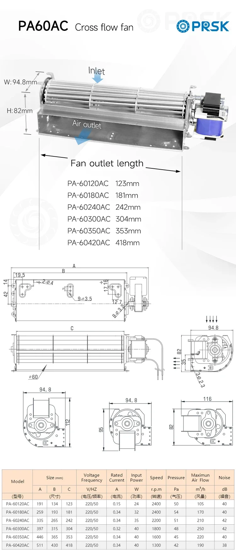 Cross Flow Fan, PRSK, 220V, 60mm, Aluminum - detail 4