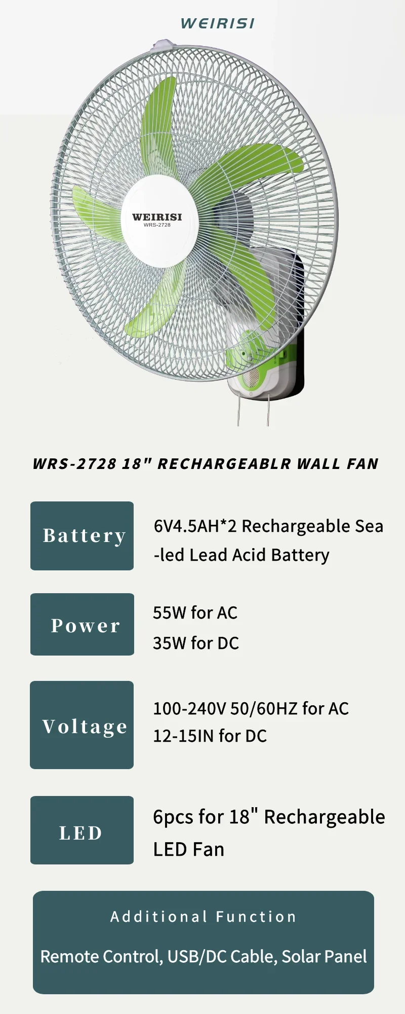 Rechargeable Wall-mounted Fan, WEIRISI, WRS-2728, 18" - detail 6
