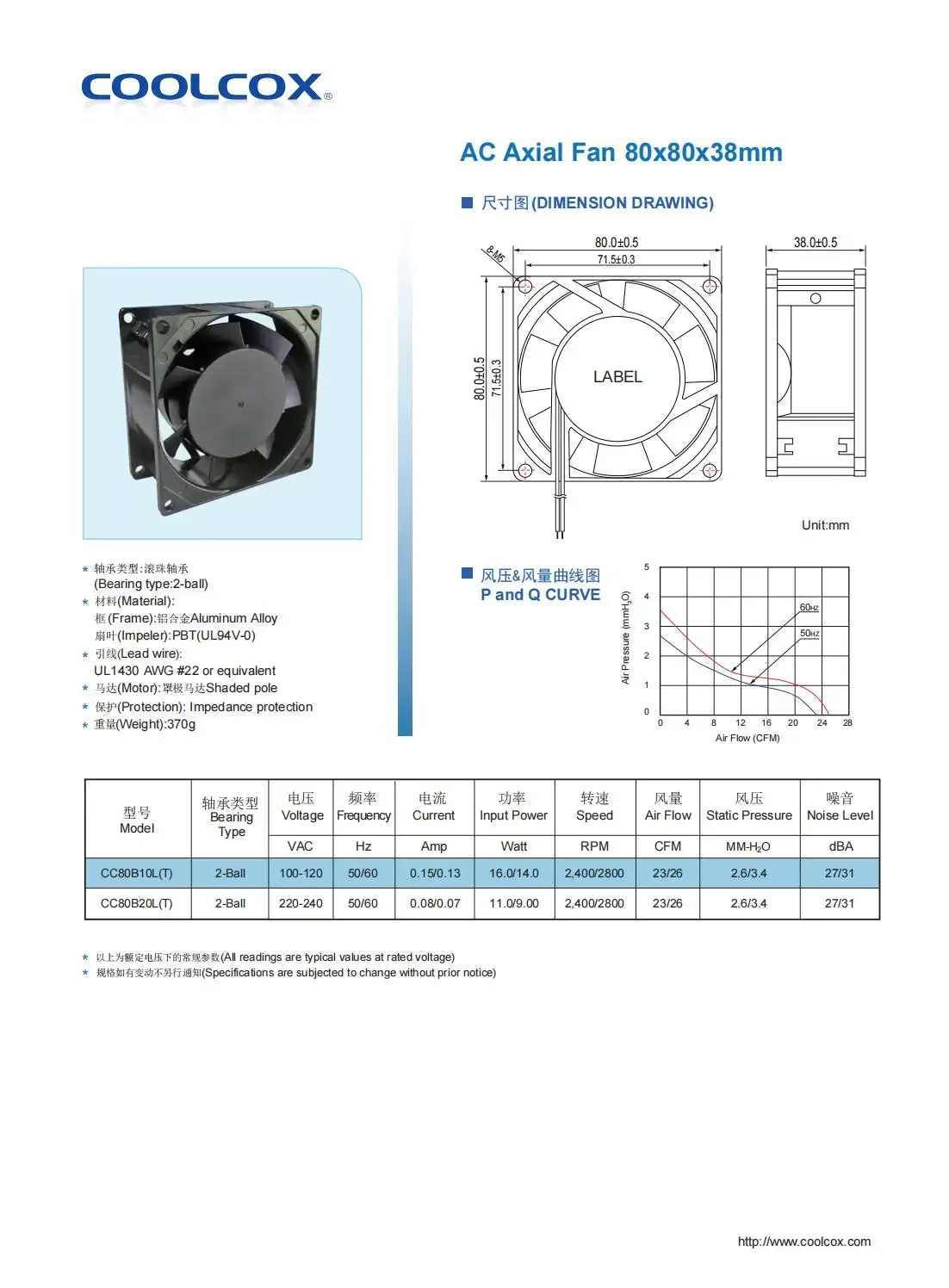 AC8038 80mm AC Axial Cooling Fan, 110-240V, 2400-2800rpm, PBT - detail 4