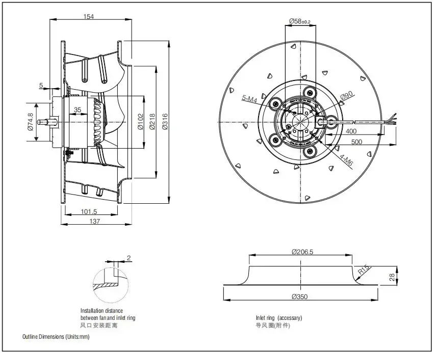 Centrifugal Fan, 315mm, 2400m3/h, 1400CFM, 165W - detail 6