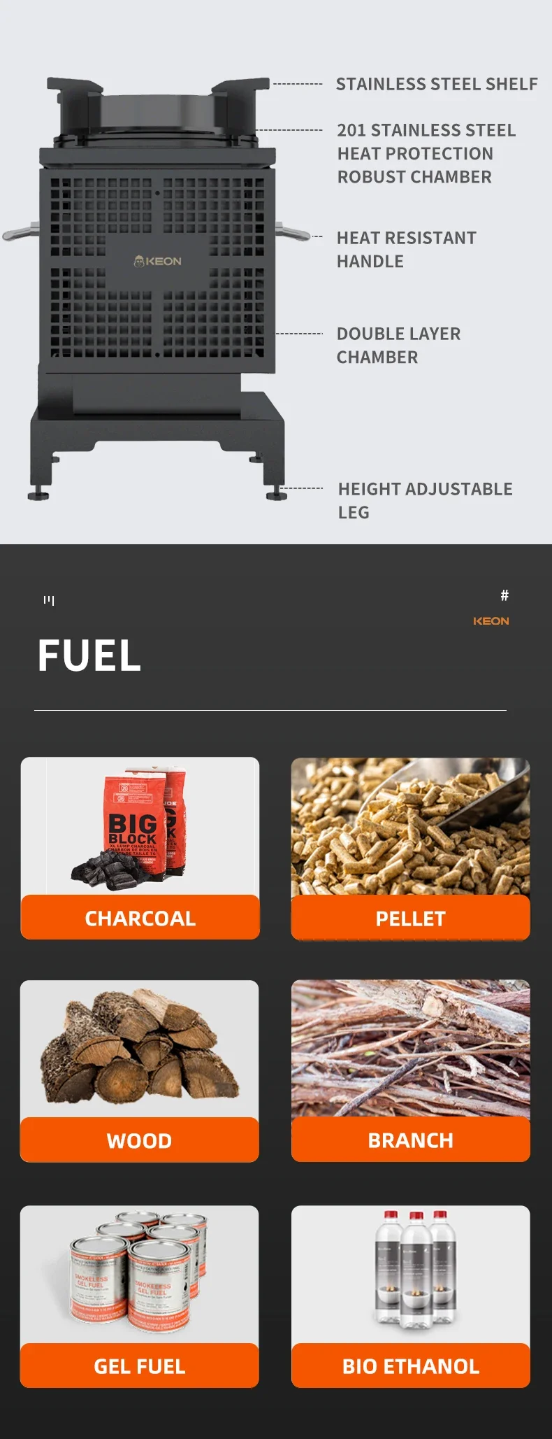 Outdoor Wood Pellet Stove, KEON, Portable, Stainless, Steel - detail 4