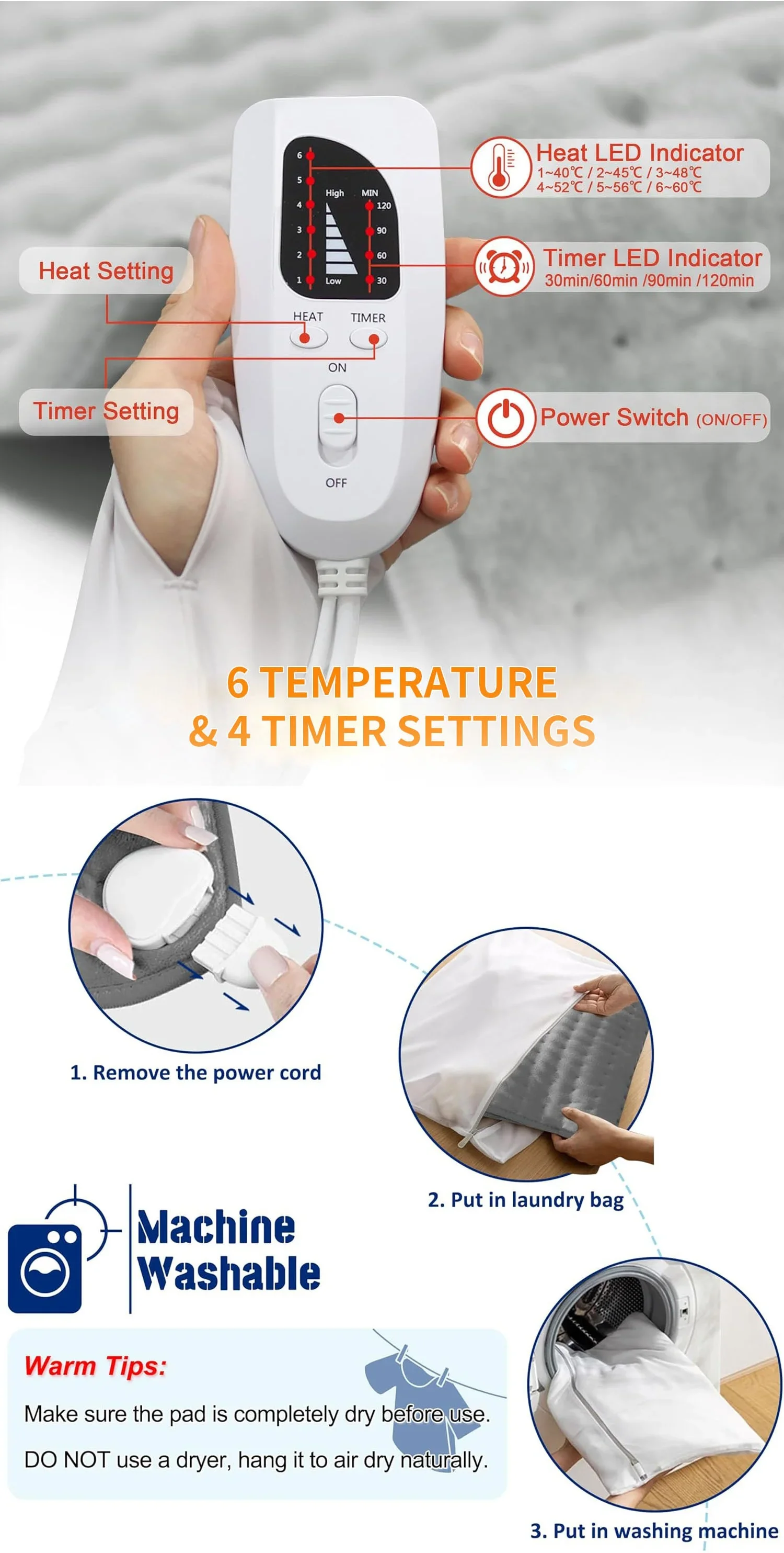 Heating Pad Heating Blanket, LED, 120W(0.16hp), Flannel Fleece - detail 6