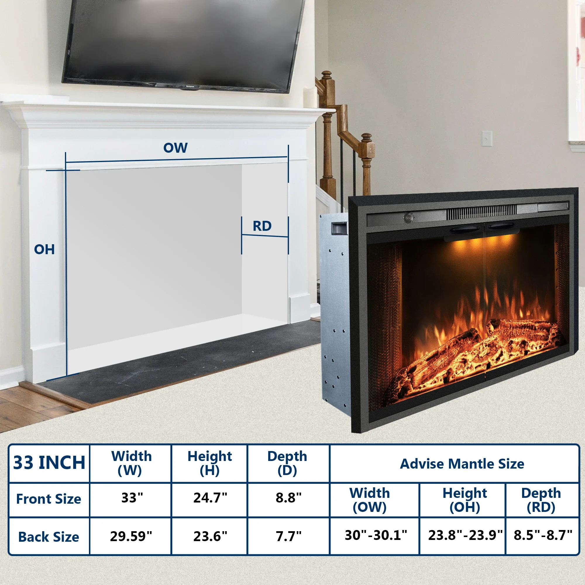 Electric Fireplace, 30-Inch, 750W, Metal+glass - detail 12